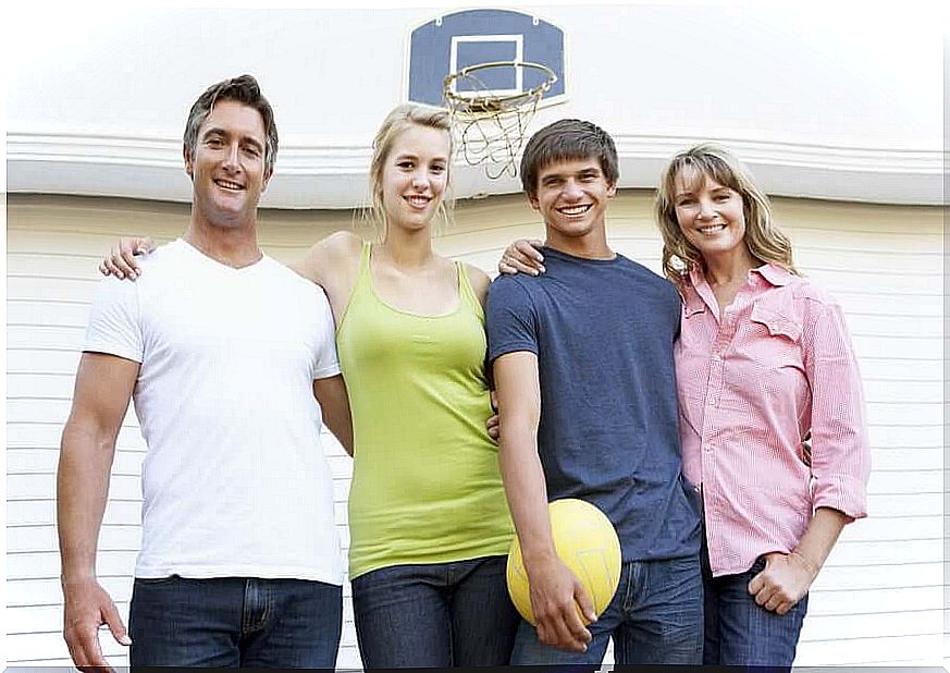 family playing basketball